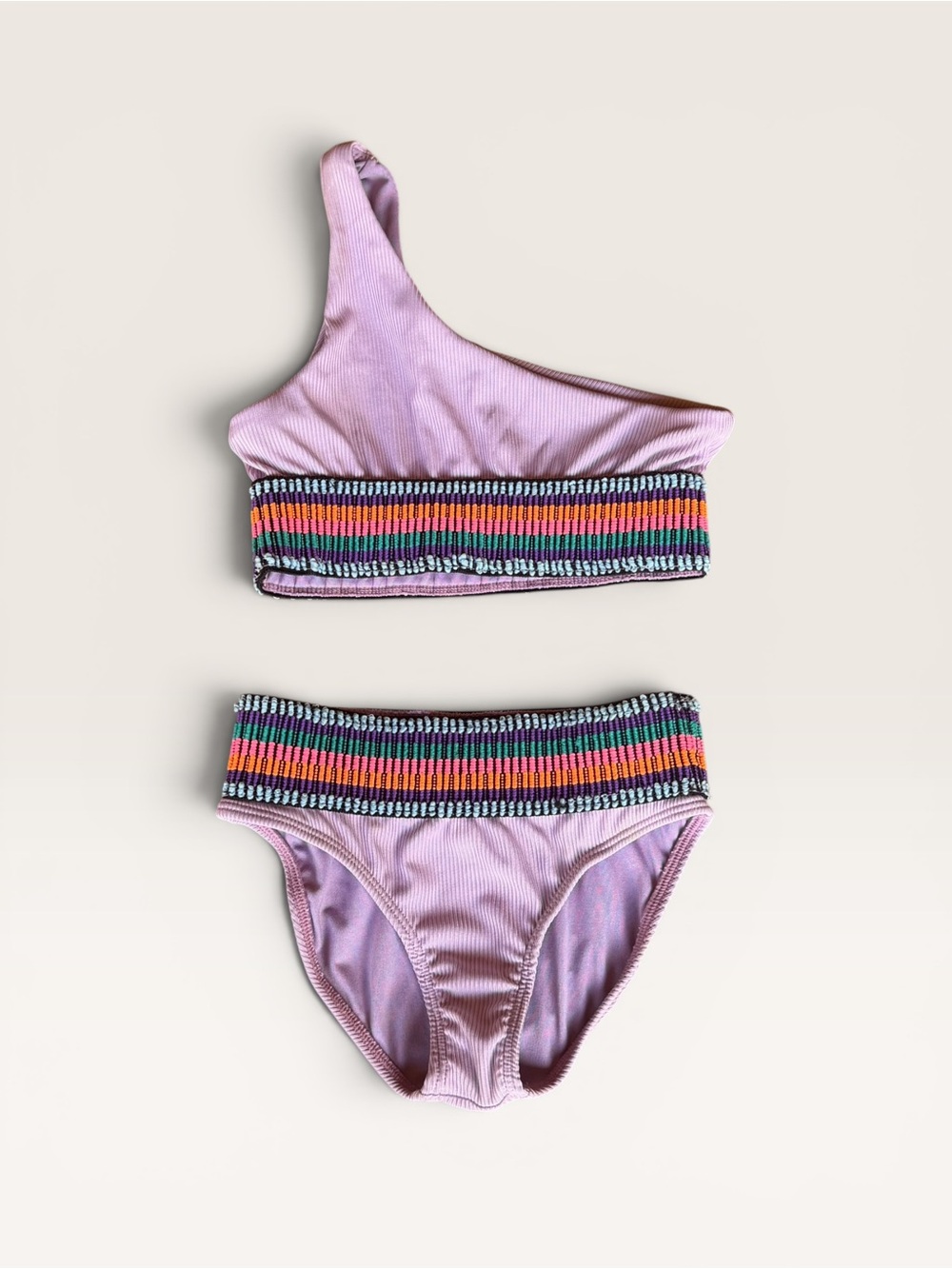 Peixoto Lilac One-Shoulder Kids Bikini with Multicolor Stripe Trim